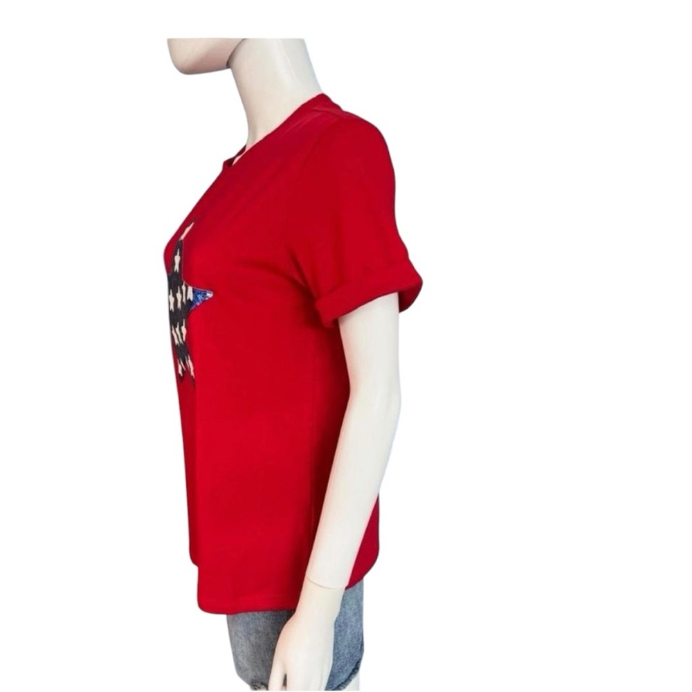 POODIT red loose soft sequin star patriotic tee S M L XL - Picture 3 of 4